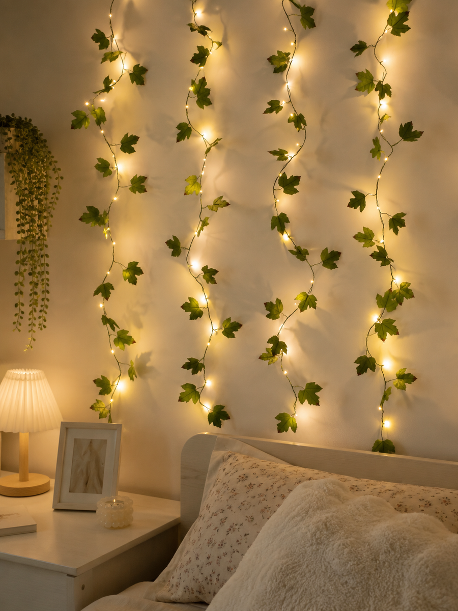 Maple leaf fairy lights hung in strands on a bedroom wall, glowing warm white