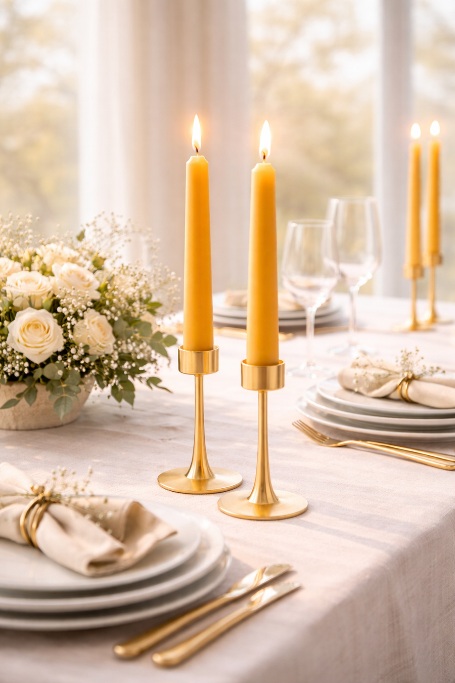 Lit beeswax tapers in gold candlesticks on a dinner table set with white flowers