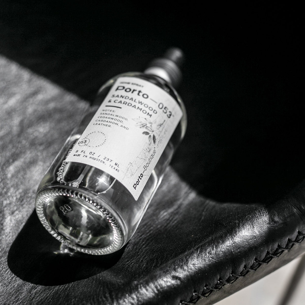 Porto-053 room spray bottle in black-and-white light