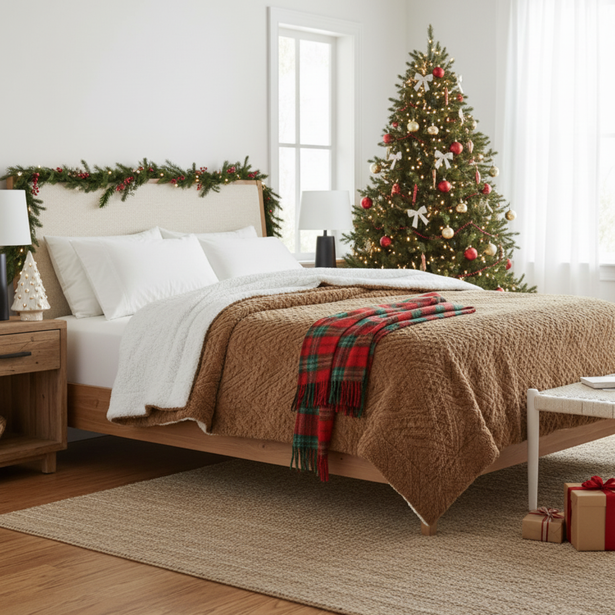 Caramel Chevron throw across the foot of a bed with a Christmas tree in the corner