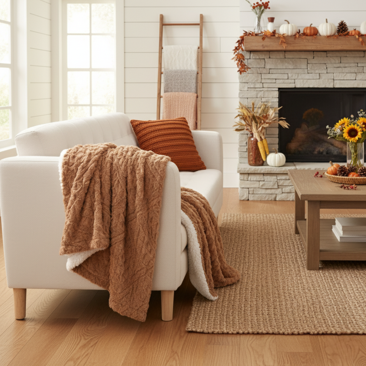 Caramel Chevron throw on a white armchair in a living room with a fireplace and fall decor