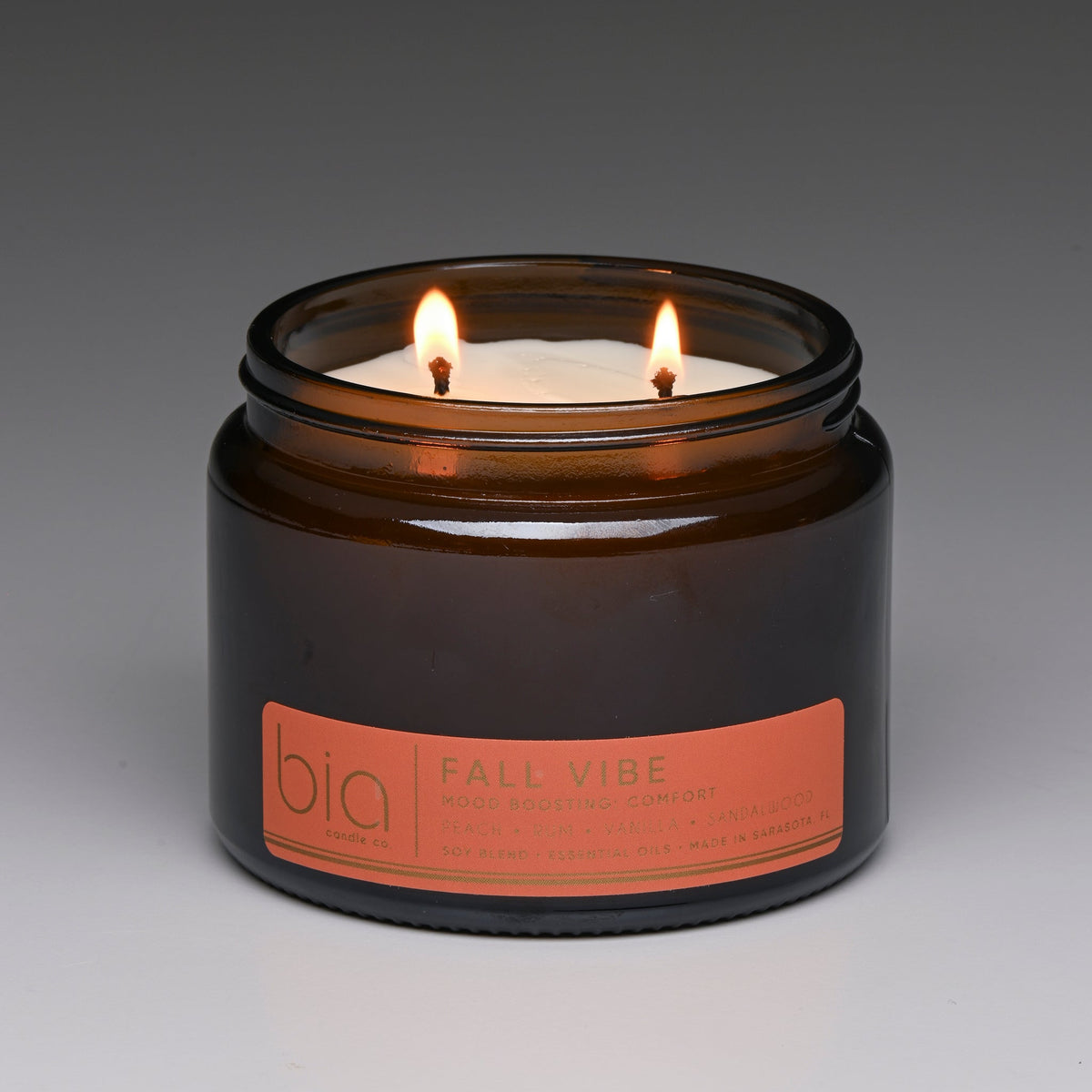 Lit Fall Vibe Grande 2-wick candle in an amber jar