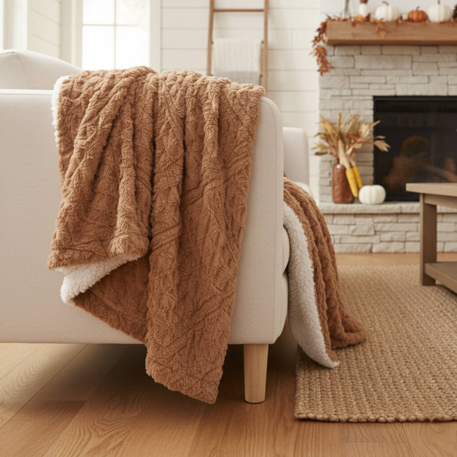 Caramel Chevron faux fur throw draped over a white armchair by a fireplace