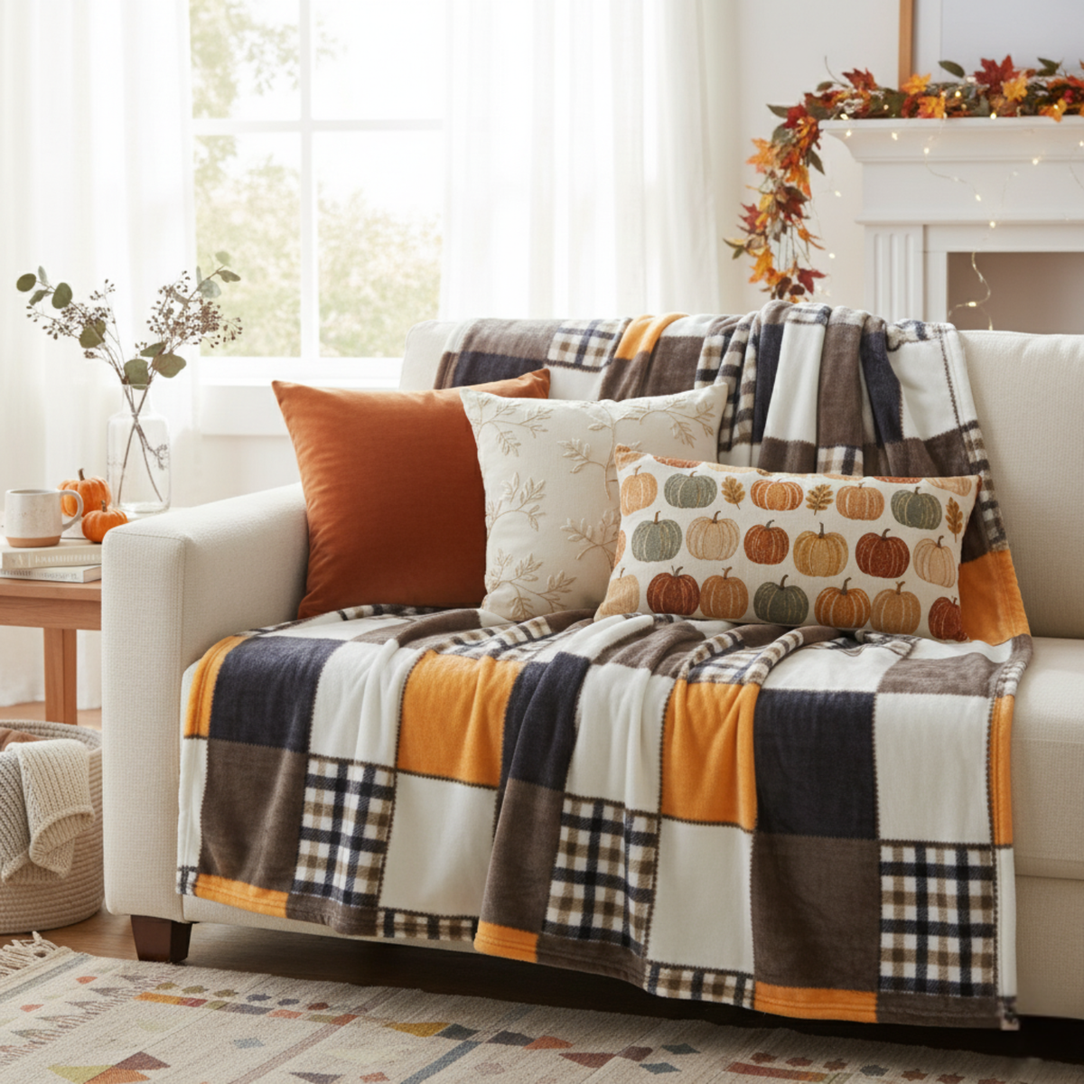 Harvest Patchwork Fleece Throw on a white sofa with orange pillows and fall decor