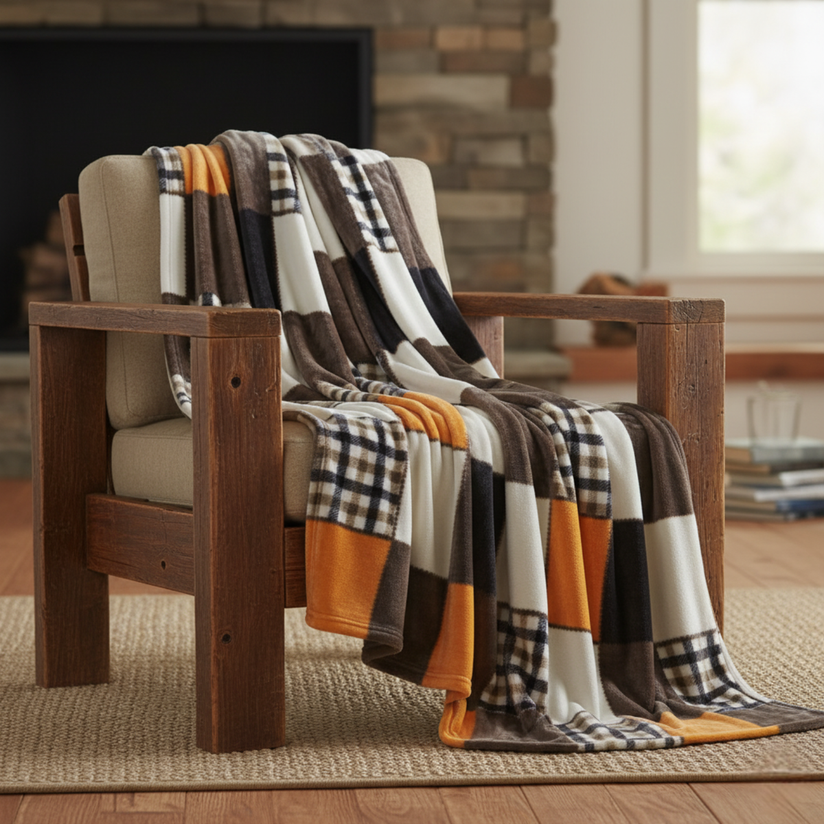 Orange, brown and cream patchwork plaid throw on a wooden armchair