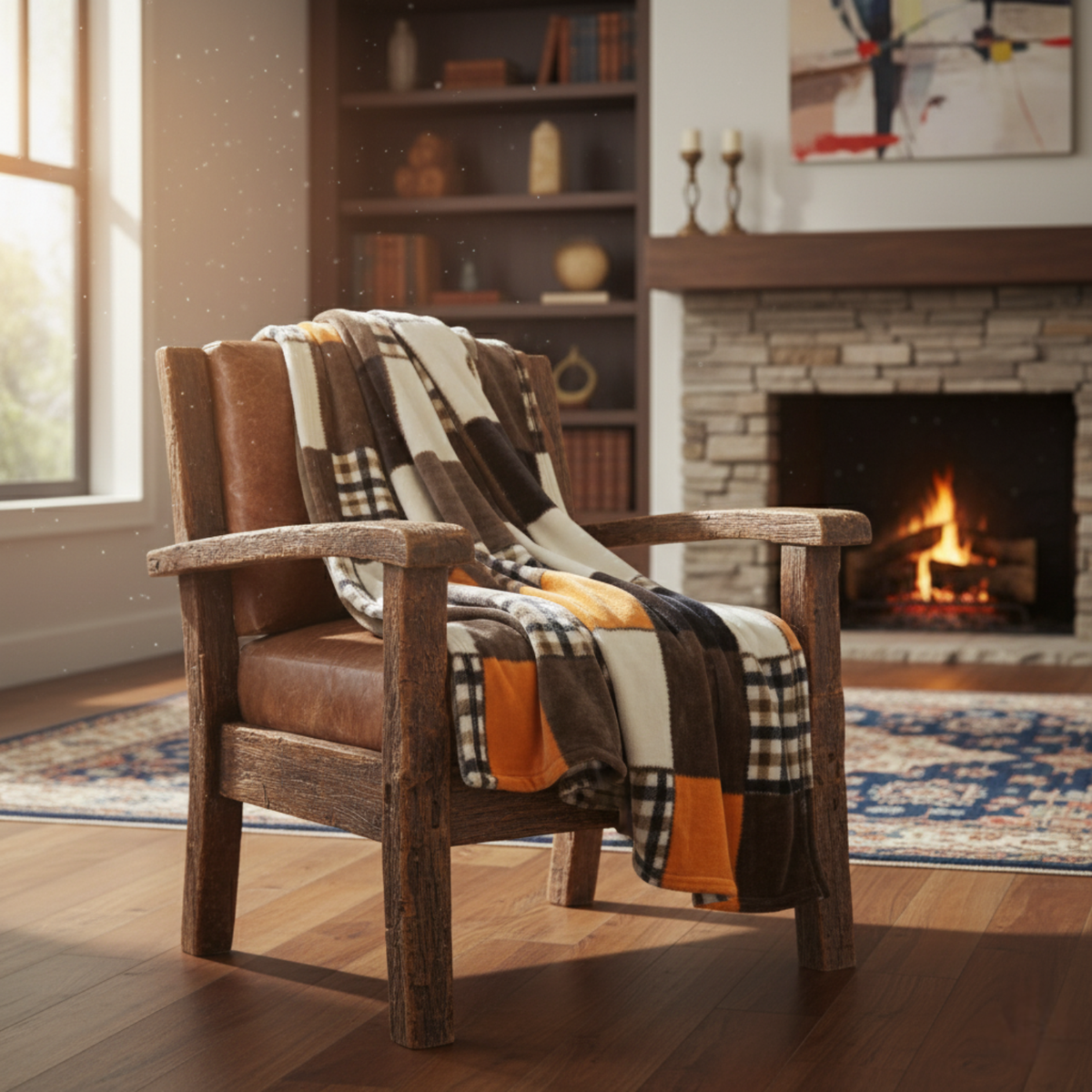 Patchwork plaid throw on a leather armchair beside a fireplace