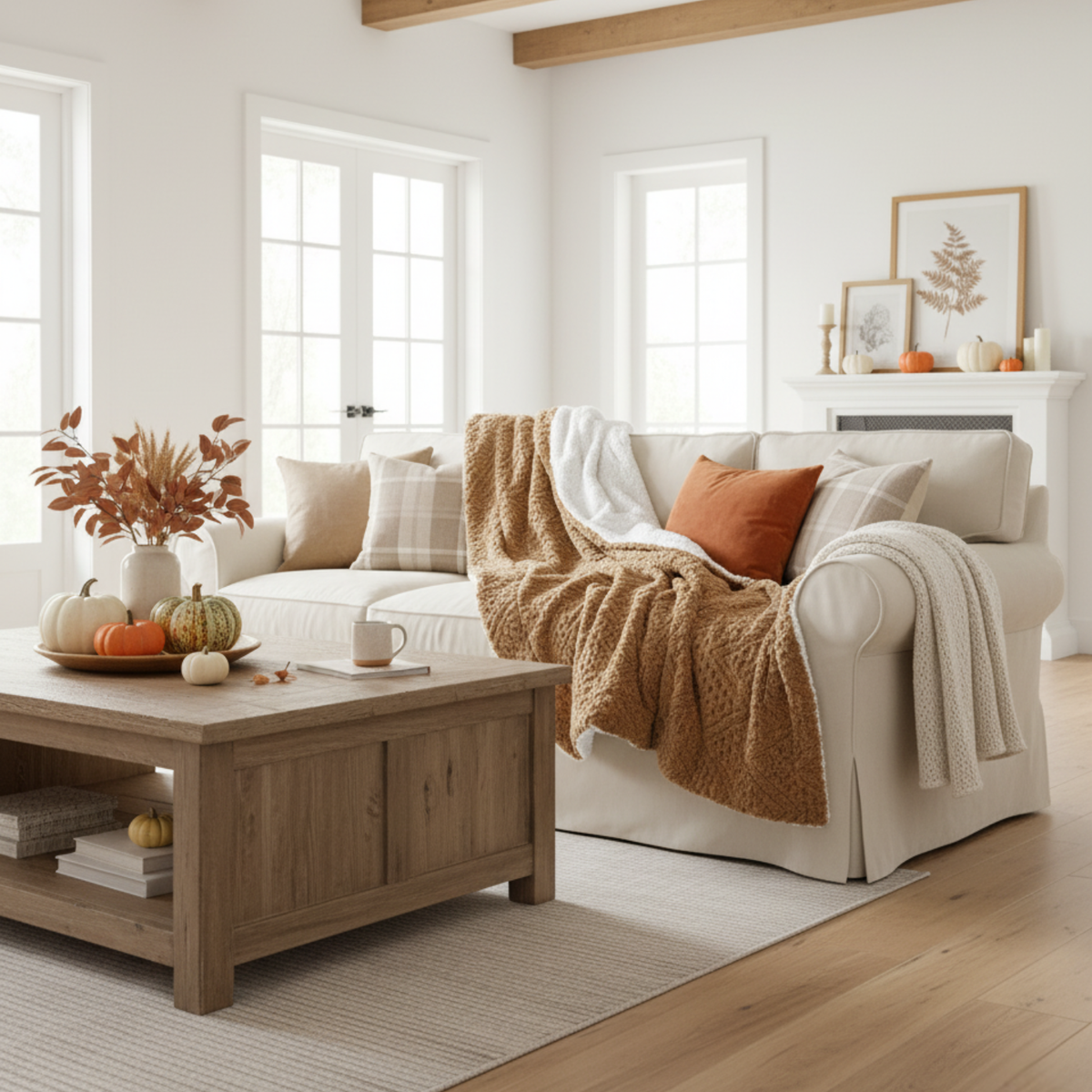 Caramel Chevron throw on a white sofa in a bright living room