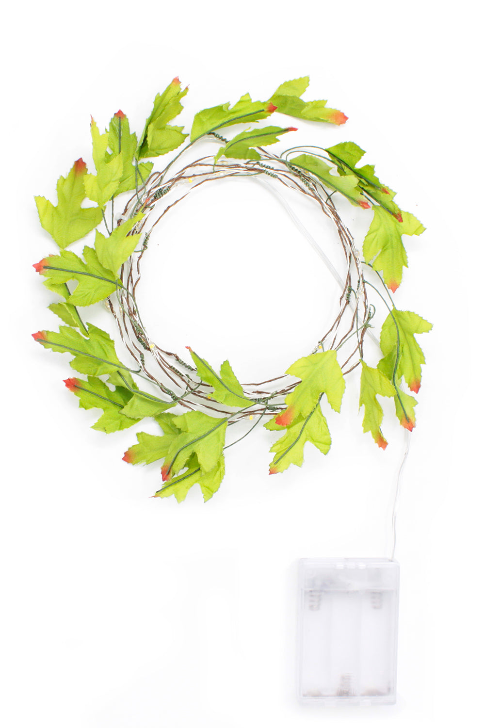 Coil of maple leaf fairy lights with green and orange leaves and a battery box