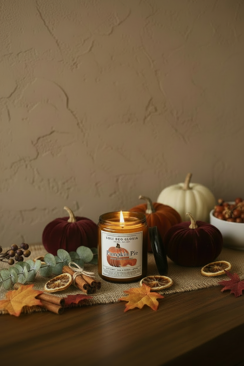 Pumpkin Pie beeswax candle on a harvest table with pumpkins, dried orange slices and leaves