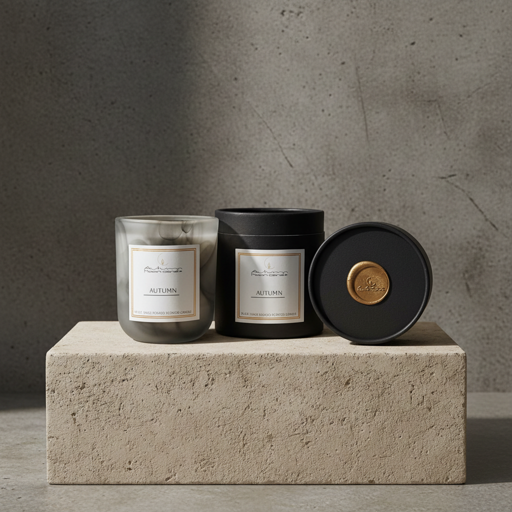 Autumn Spice candles in glass vessels with a black gift box and gold-seal lid on a stone block