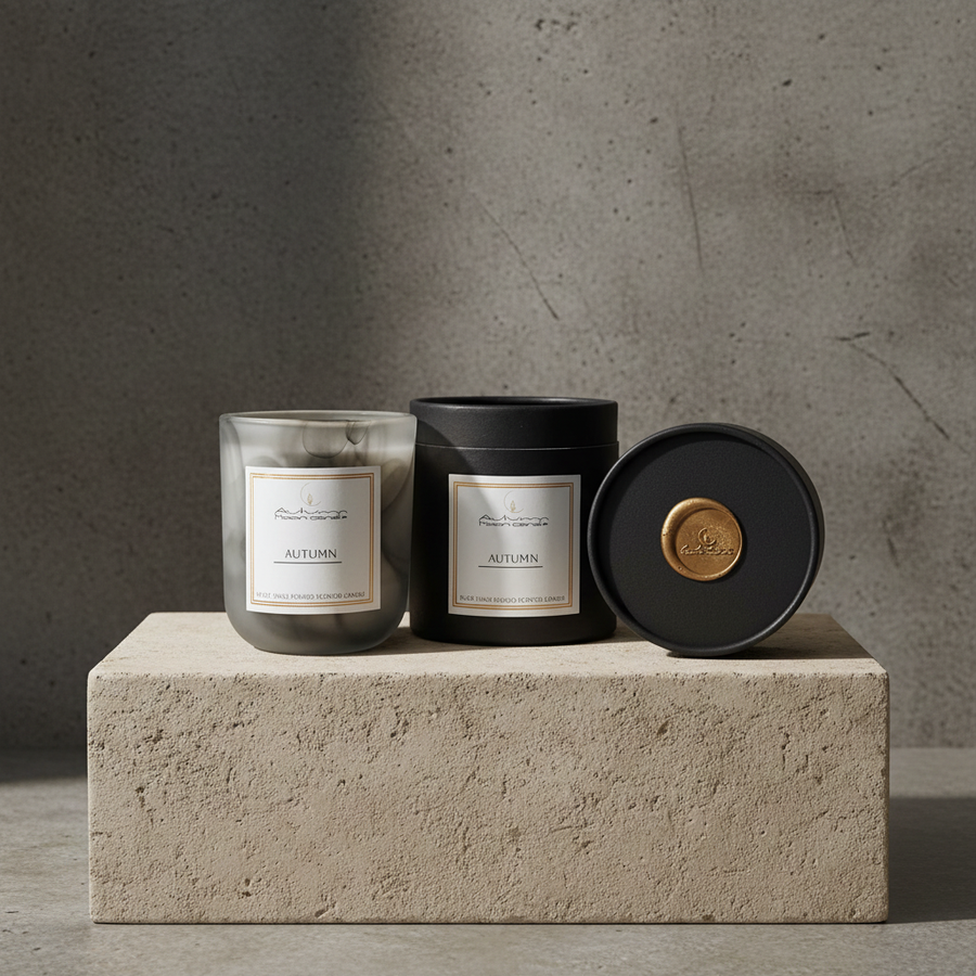 Autumn Spice candles in glass vessels with a black gift box and gold-seal lid on a stone block