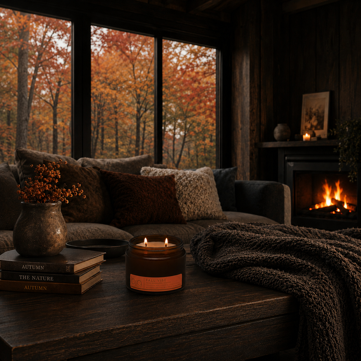 Fall Vibe candle on a coffee table in a cozy living room with a fireplace and autumn trees outside