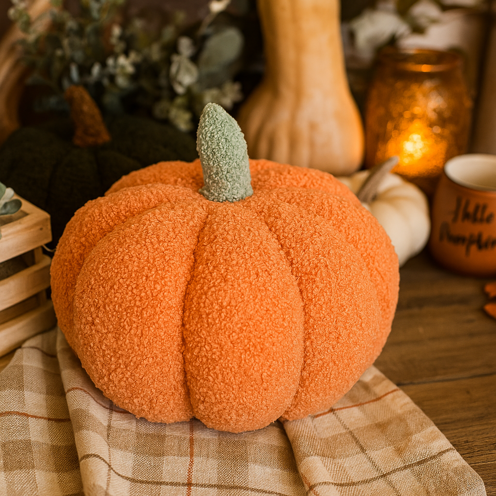 Orange plush pumpkin on a plaid blanket by candlelight