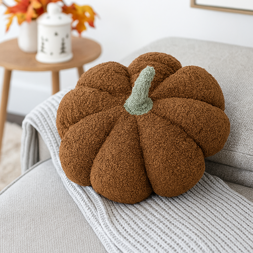 Brown plush pumpkin on a striped blanket on the sofa