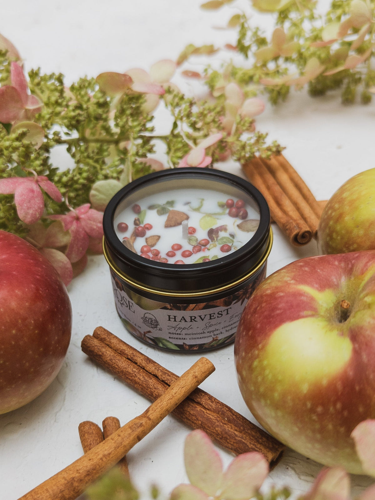 HARVEST candle tin with an apple and cinnamon sticks