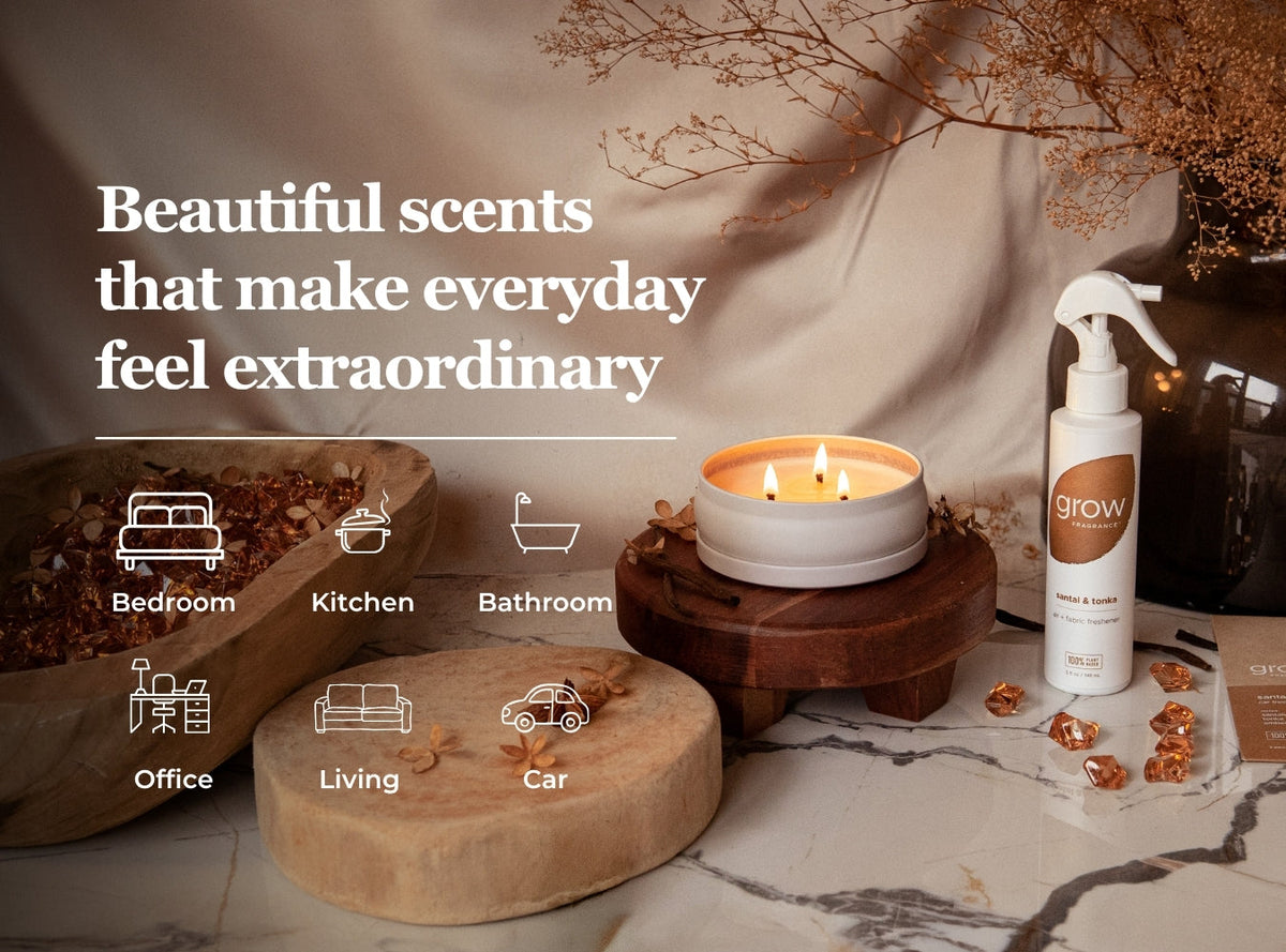 Santal & Tonka spray with a candle, plus the rooms it suits: bedroom, kitchen, bathroom, office, living room and car
