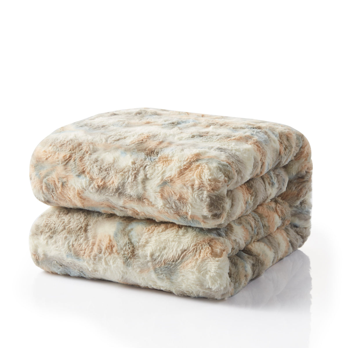 Russian Lynx faux fur throw folded, showing its cream, tan and soft blue fur