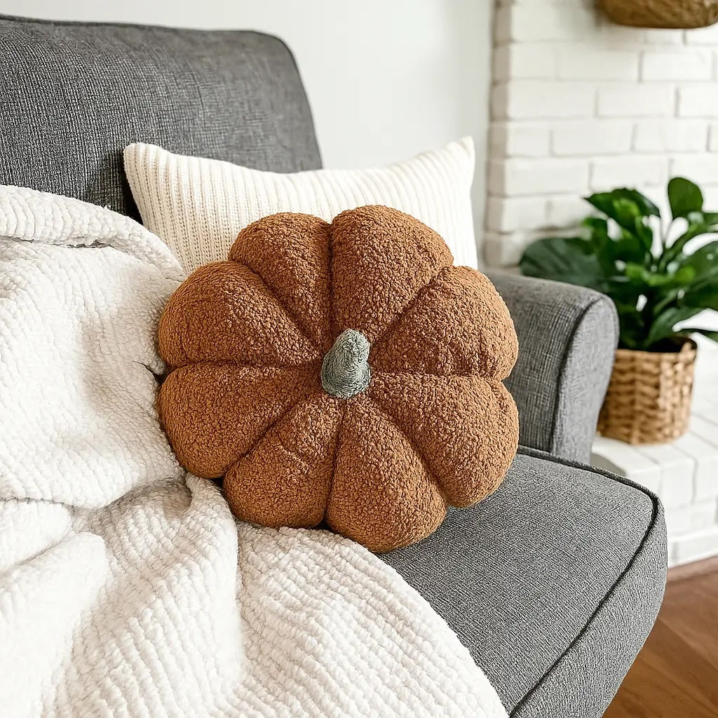 Brown plush pumpkin on a gray armchair with a cream knit throw