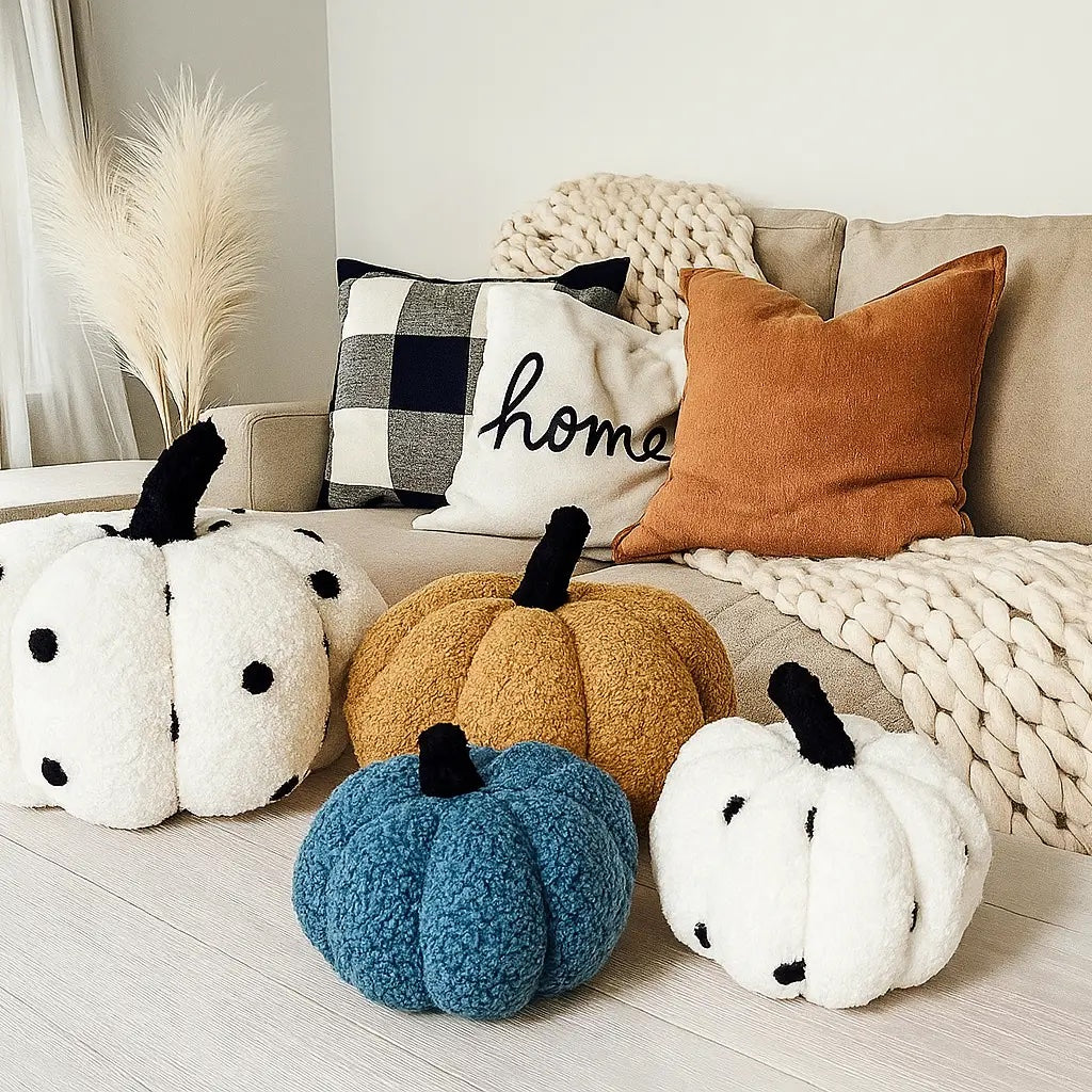 Polka dot, gold, blue and white plush pumpkins on a sofa