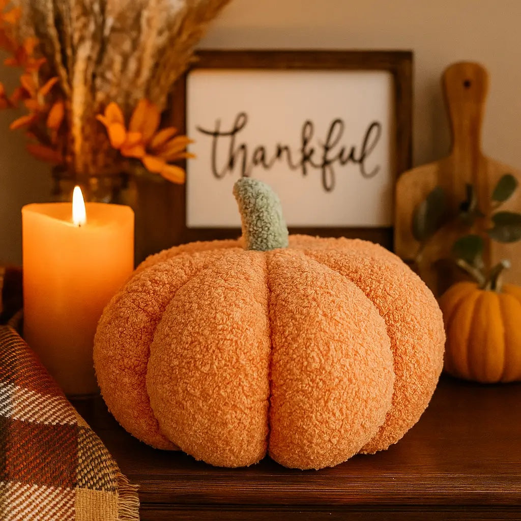 Orange plush pumpkin beside a lit candle and a thankful sign