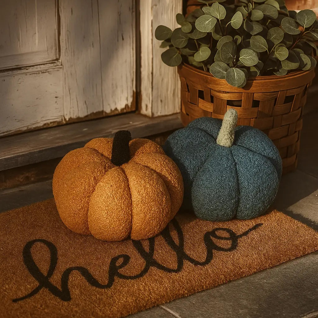 Gold and blue plush pumpkins on a hello doormat