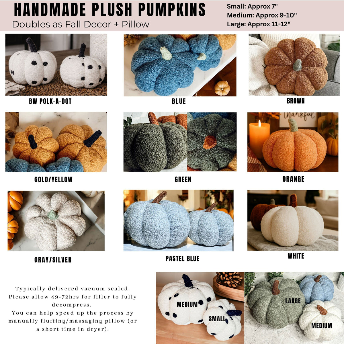Chart of plush pumpkin colors and sizes